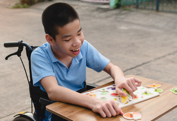 Wall Mural - Asian Special need child on wheelchair interested in skills development toy on home nature background,Education for disabled children style,Boy plays fruit jigsaw puzzles,Happy disability kid concept.