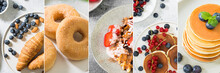 Food Collage Of Photos Of Different Pastries On A Light Background. Photos Of Pancakes, Doughnuts, Waffles And Croissants Are Collected In A Collage. Banner