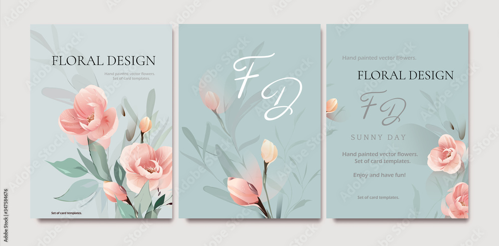 Set of card with flower rose, leaves. Wedding concept. Floral poster, invite. Vector decorative greeting card or invitation design background - obrazy, fototapety, plakaty 