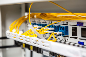 optical patch cords in patch panel. wiring. patch panel. the wires are yellow-white. horizontal orie
