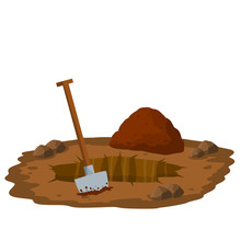 Digging A Hole. Shovel And Dry Brown Earth. Grave And Excavation. Cartoon Flat Illustration In White Background. Funeral In Desert. Pile Dirt And Stones