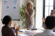 © fizkes - Smiling mature 60 year old businesswoman clap hands with diverse colleagues congratulating after flip charts presentation in boardroom at company meeting. Happy auditor standing in front of board.