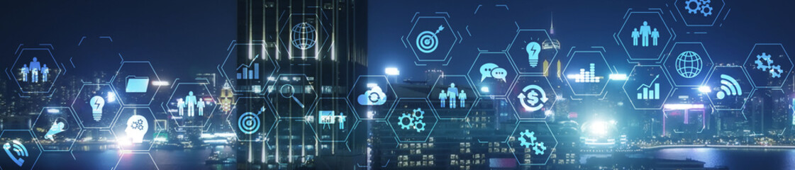 ERP Enterprise Resource Planning system on virtual screen with connections between business intelligence.