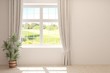 © AntonSh - Stylish empty room in white color with summer landscape in window. Scandinavian interior design. 3D illustration