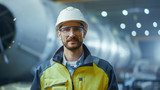 Fototapeta  - Portrait of Smiling Professional Heavy Industry Engineer / Worker Wearing Safety Uniform, Goggles and Hard Hat. In the Background Unfocused Large Industrial Factory where Welding Sparks Flying