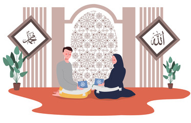 Wall Mural - men and women read the Quran together in mosque during Ramadan. modern design vector illustration of muslim family activity