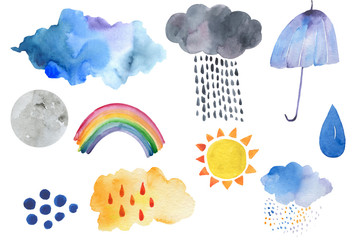 doodle illustration of weather icons - cute decoration. little rainbow and clouds, cute characters s