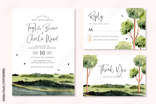 Cuadros en Lienzo wedding invitation set with green landscape watercolor
