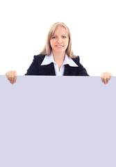 woman holding sign - Portrait of a beautiful woman holding a blank billboard.