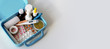 © Алёна Кузьмина - Home medicine chest with medicine (pills, capsules, blisters, nose sprays, bottles), patches and electronic thermometer. Healthcare and medicaments keeping concept. Banner with copy space for text