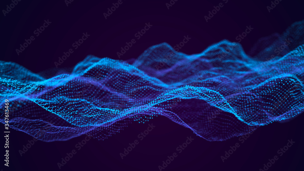 Wave of interlacing points and lines. Abstract background. Technological style. Big data. 3d rendering.