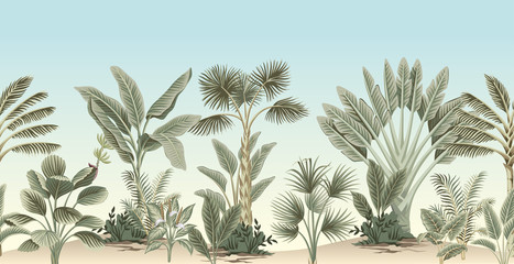 vintage tropical palm tree, banana tree, plant floral border blue background. exotic jungle wallpape