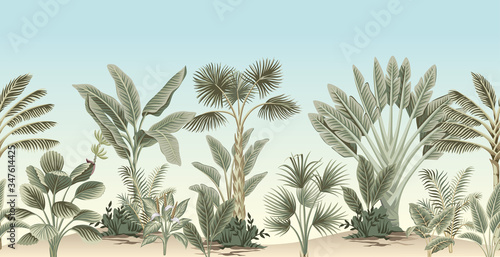 Dekoracja na wymiar  vintage-tropikalne-palmy-drzewo-bananowe-roslina-kwiatowy-granica-niebieskie-tlo-egzotyczna-dzungla