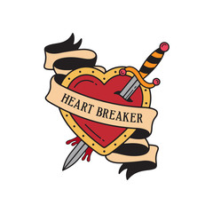 Wall Mural - Old school tattoo emblem label with dagger heart symbols and wording heart breaker. Traditional tattooing style ink.