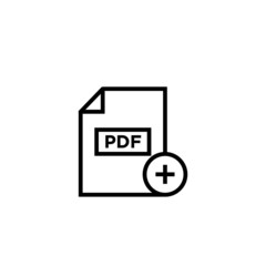 Sticker - PDF document icon, pdf extension, file format icon with add sign in lineart style on white background, PDF document icon and new, plus, positive symbol. Vector