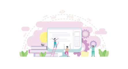 Programming concept, web engineer at work, vector images. Programmer programming web site landing page template. tiny people, vector design.