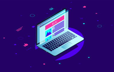 Aufkleber - Blogging laptop - Computer with blog on screen in isometric view with brith colours. Blogger, influencer and internet concept. Vector illustration.