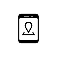 Poster - Smartphone with location pin icon in black flat design on white background, Mobile phone GPS navigation symbol, logo illustration, Editable stroke