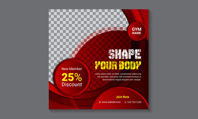 Gym social media square post design template for advertisement, Gym banner for online ads, layout design for social media marketing.