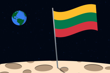 Wall Mural - View of planet Earth from the surface of the Moon with the Lithuania flag and holes on the ground