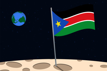 Wall Mural - View of planet Earth from the surface of the Moon with the South Sudan flag and holes on the ground