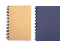 Top View Above Of Two Spiral Notebooks Brown And Blue Isolated On White Background For Design A Mockup. Education And Business Concept. Flat Lay