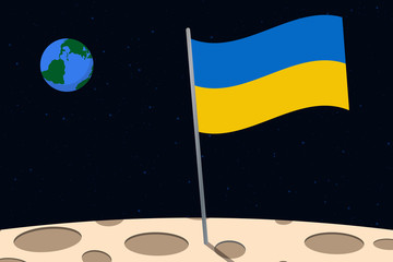 Wall Mural - View of planet Earth from the surface of the Moon with the Ukraine flag and holes on the ground