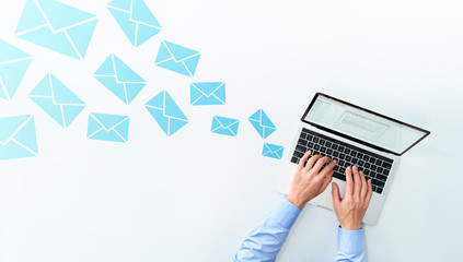 Aufkleber - Business man sending and receiving email on white table. Using laptop for writing mail.