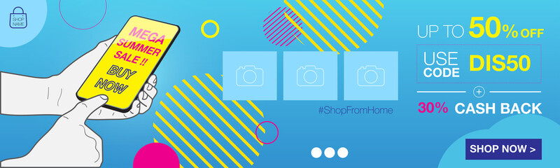 Vector discount banner mockup with hand touch on mobile and design layout background for display of  product advertising on online media