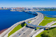 Saint Petersburg. Russia. View of the Expressway from a height. Bridges Of St. Petersburg. Automobile interchanges and bridge over the Neva river. Krestovsky island. The cable-stayed Obukhovsky bridge