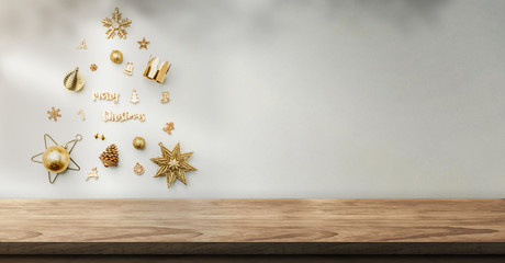 Poster - christmas object decoration into xmas tree shape on wall with sunlight shadow on wall over wood table at home.banner mockup space for display of product to advertising on media.new year backdrop