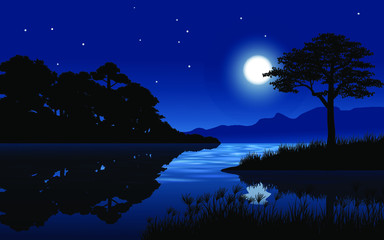  night landscape with moon and stars at river