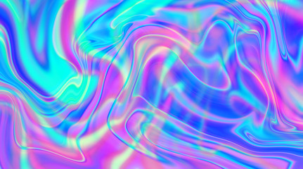 Poster - Iridescent marbled holographic texture in vibrant neon and pastel colors. Trippy and distorted image with light diffraction effect in psychedelic 80s-90s vaporwave style.