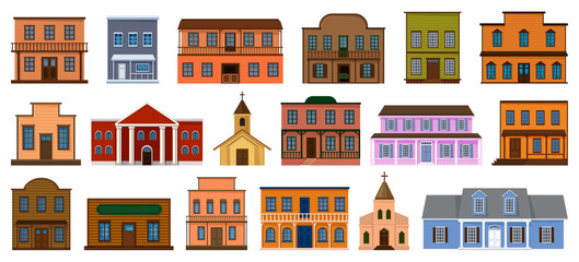 Wall Mural - Wild west buildings vector illustration on white background. Vector cartoon set icon church western. Isolated cartoon set icon wild west buildings .