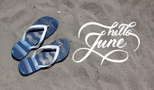 Hello June Hand Lettering Card. Hand Drawn Script And Sand On The Beach On Background. Seasons Calendar Months.