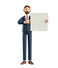 Wall Mural - Portrait of smiling happy businessman holding white blank board. 3D illustration of cartoon standing man in suit showing banner, advertising poster, isolated on white background.