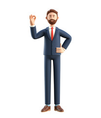 Portrait of smiling happy businessman showing ok gesture. 3D illustration of cartoon standing man in suit with okay sign, isolated on white background.