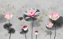 3d Illustration, Gray Background, Large Pink Water Lilies And Goldfish