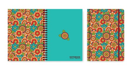 Cover design for notebooks or scrapbooks with vintage floral pattern. Psychedelic or hippie style backgrounds. Abstract flowers and groovy colors