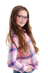 Wall Mural - Cute little girl child preteen in eyeglasses education, school and vision concept