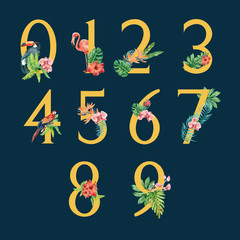 Number Tropical Alphabet typographic design summer with plants foliage, creative watercolor vector illustration design