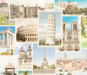 Vintage travel background with retro photos of european landmarks