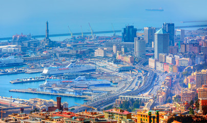 Wall Mural - Aerial view old town and harbor of Genoa, Italy