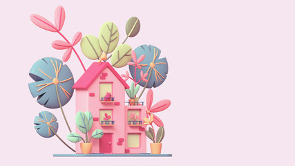 Wall Mural - Cute pink cozy Eco House with yellow windows, red door stands on green lawn with colorful leaves. Sweet home with cat on the balcony, bird on roof, potted plants on terrace. 3d render in pastel colors