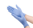 © Maksim - Two blue surgical medical gloves isolated on white background with hands. Rubber glove manufacturing, human hand is wearing a latex glove. Doctor or nurse putting on nitrile protective gloves
