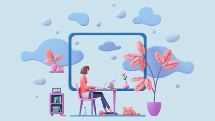 Casual brunette girl working on a laptop from home near a window with a view of the sky and blue clouds. Modern teenage girl room with workplace, books, cat, coral color plants. Pastel 3d illustration