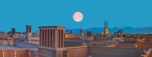 Historic City Of Yazd With Famous Wind Towers In The Background Full Moon At Twilight Blue Hour- YAZD, IRAN "Elements Of This Image Furnished By NASA"