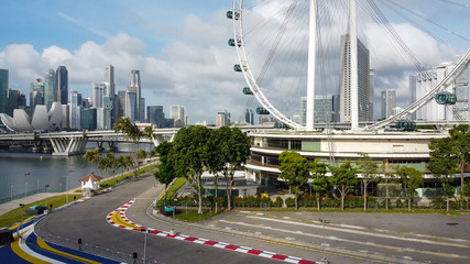 SINGAPORE - JANUARY 2, 2020: Singapore aerial skyline from city ferrys wheel. Skyscrapers view from drone