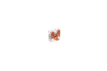 Transparent triple installation terminal block with one open terminal, isolated on white background