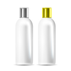 Canvas Print - Shampoo Or Body Conditioner Bottle Set Vector. Collection Of Blank Tuba For Medical Skincare And Cosmetic Lotion Bottle Cream With Silver And Golden Cap. Package Mockup Realistic 3d Illustrations